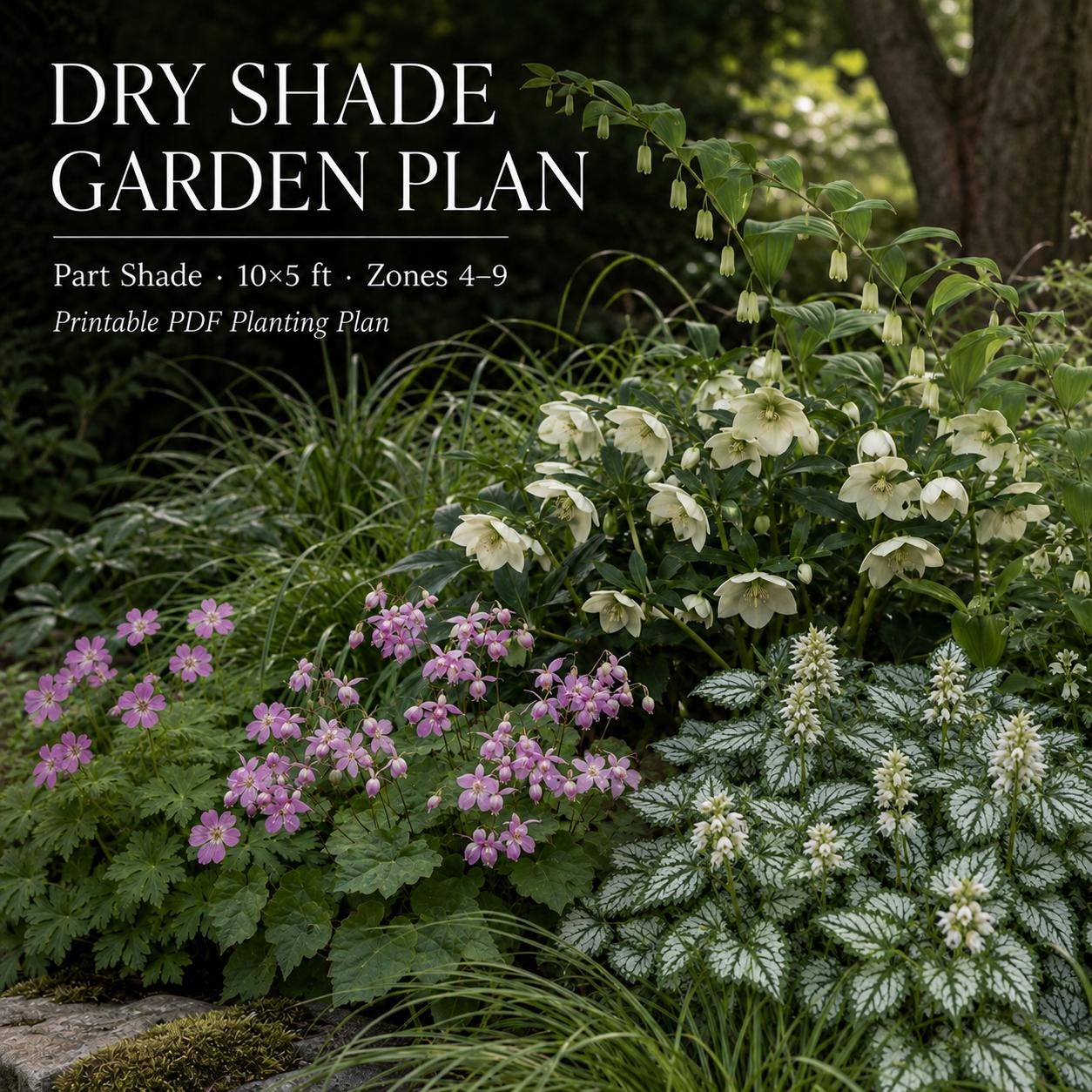 Dry Shade Garden Plan · Deer Resistant Perennial Border · Printable PDF · Zones 4–9