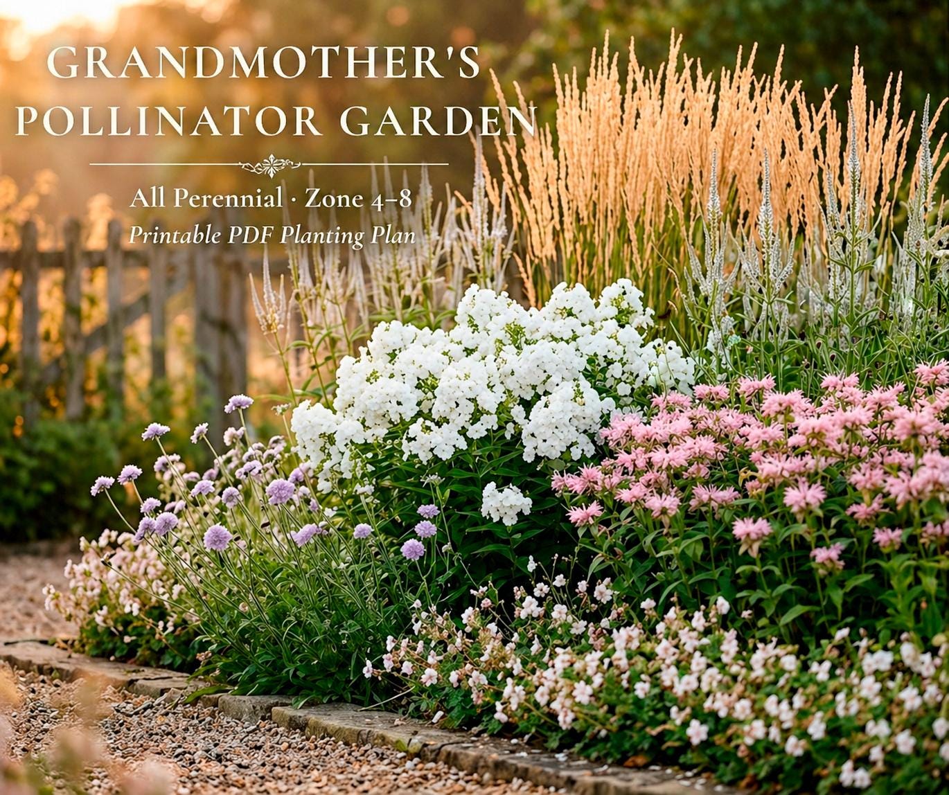 Heirloom Pollinator Garden Plan · Bee & Butterfly Border · Printable PDF · Zones 4–9