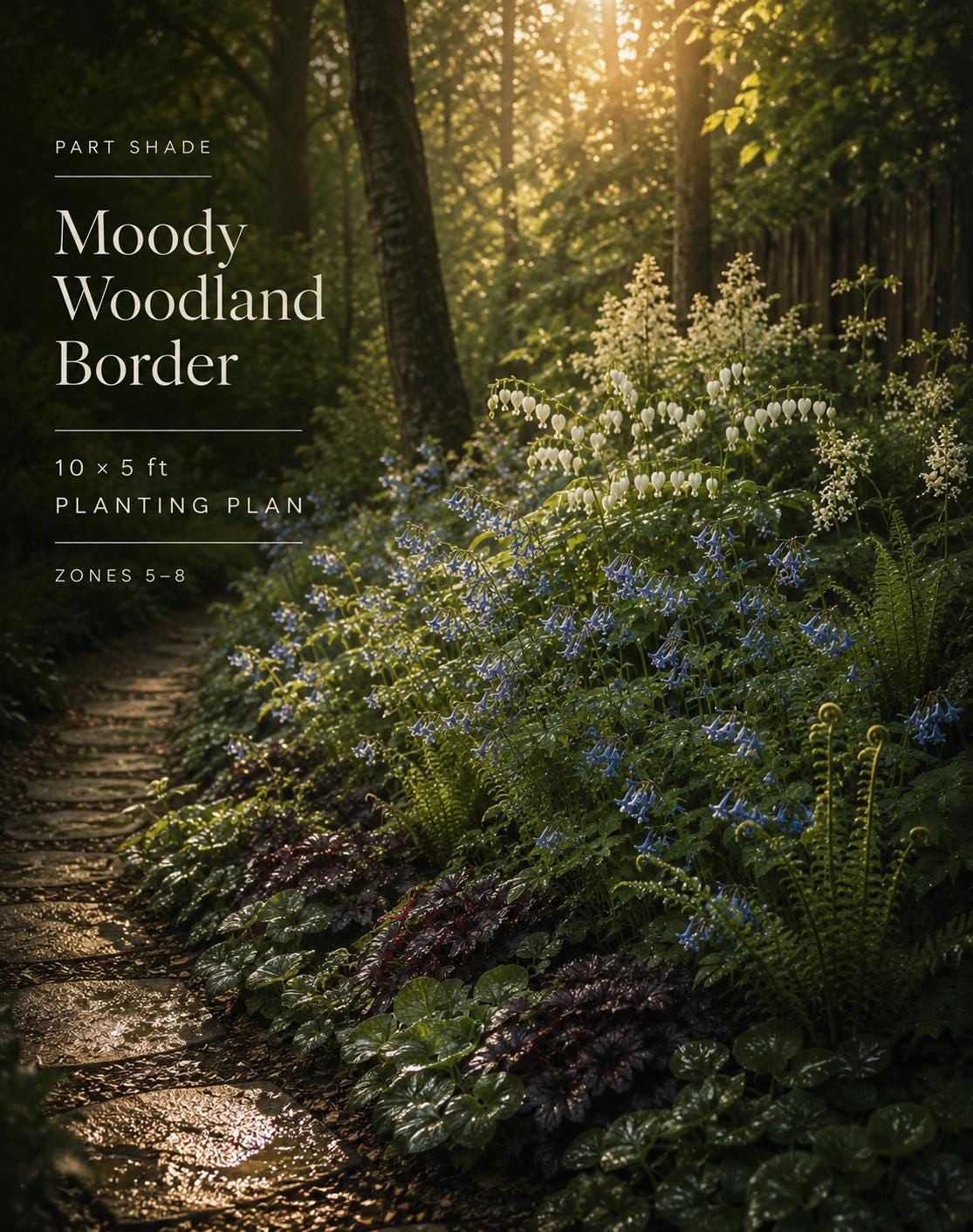Shade Garden Plan - Blue Woodland Border - Moon Garden Design- Zones 5–8 Part Shade PDF