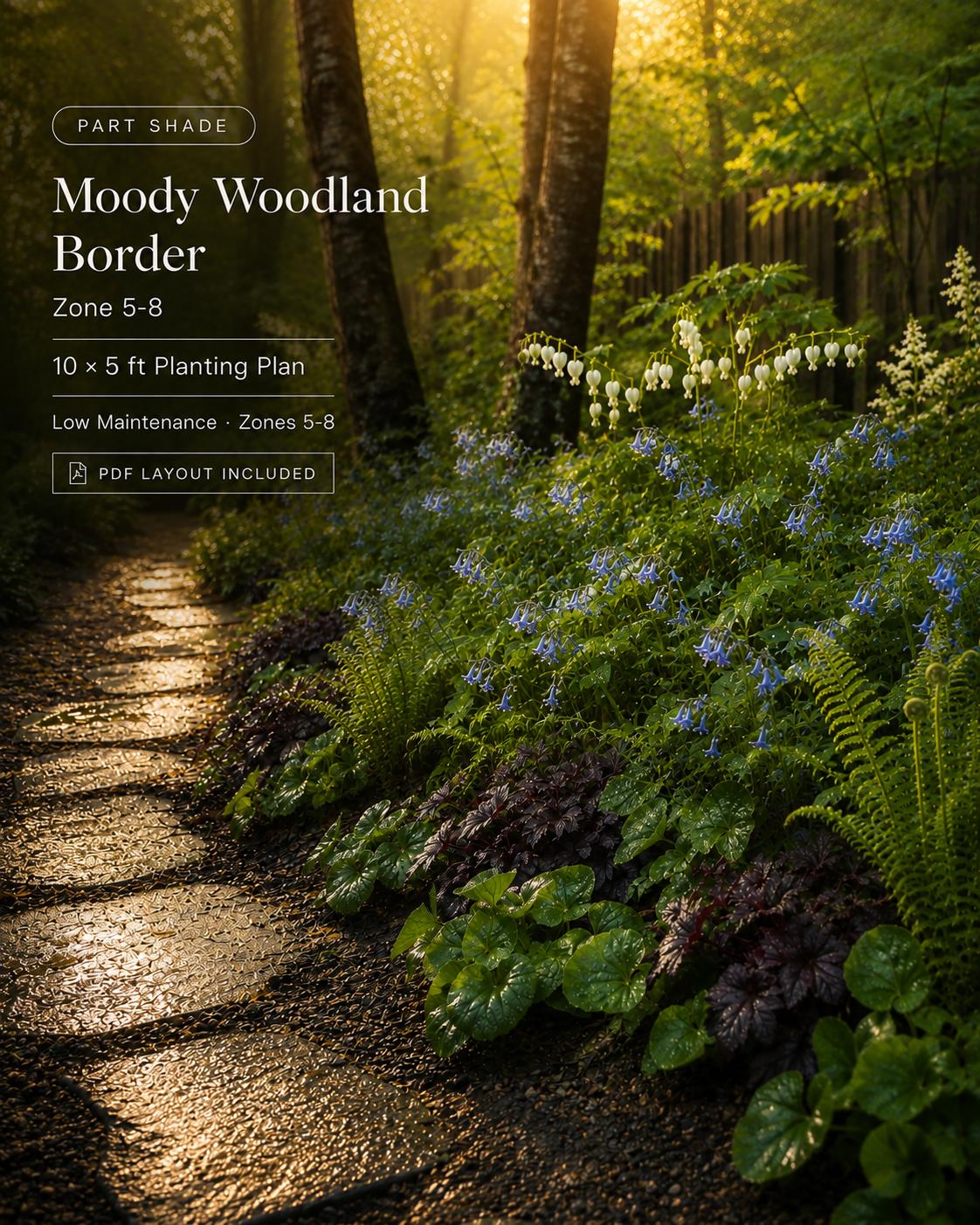 Shade Garden Plan - Blue Woodland Border - Moon Garden Design- Zones 5–8 Part Shade PDF