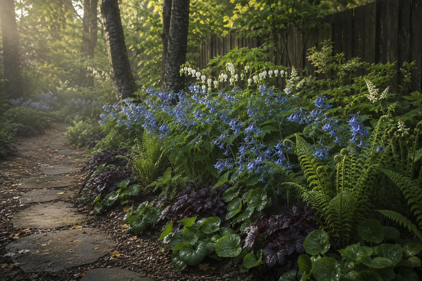 Shade Garden Plan - Blue Woodland Border - Moon Garden Design- Zones 5–8 Part Shade PDF