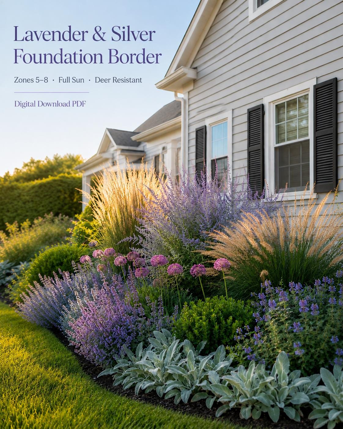 Foundation Planting Plan · Deer Resistant Front Yard Garden Design · Printable PDF · Zones 4–9