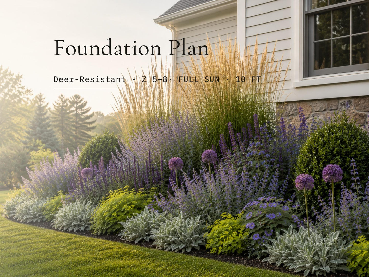 Foundation Planting Plan · Deer Resistant Front Yard Garden Design · Printable PDF · Zones 4–9