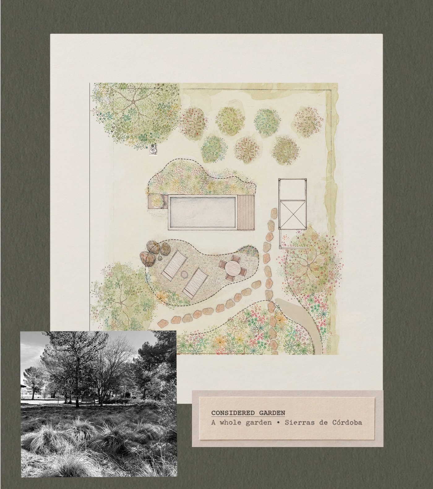 A hand-painted watercolor plan of a whole garden in the Sierras de Córdoba, mounted on paper beside a black-and-white photograph of the site before the design